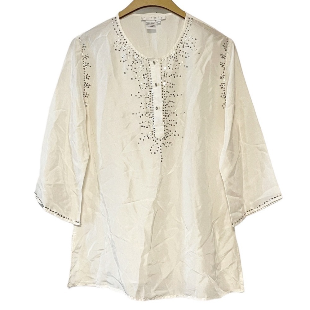 Ninety Blouse Ivory White Silk ¾ Sleeve Rhinestone Button Sequin Beaded Tunic‎ M